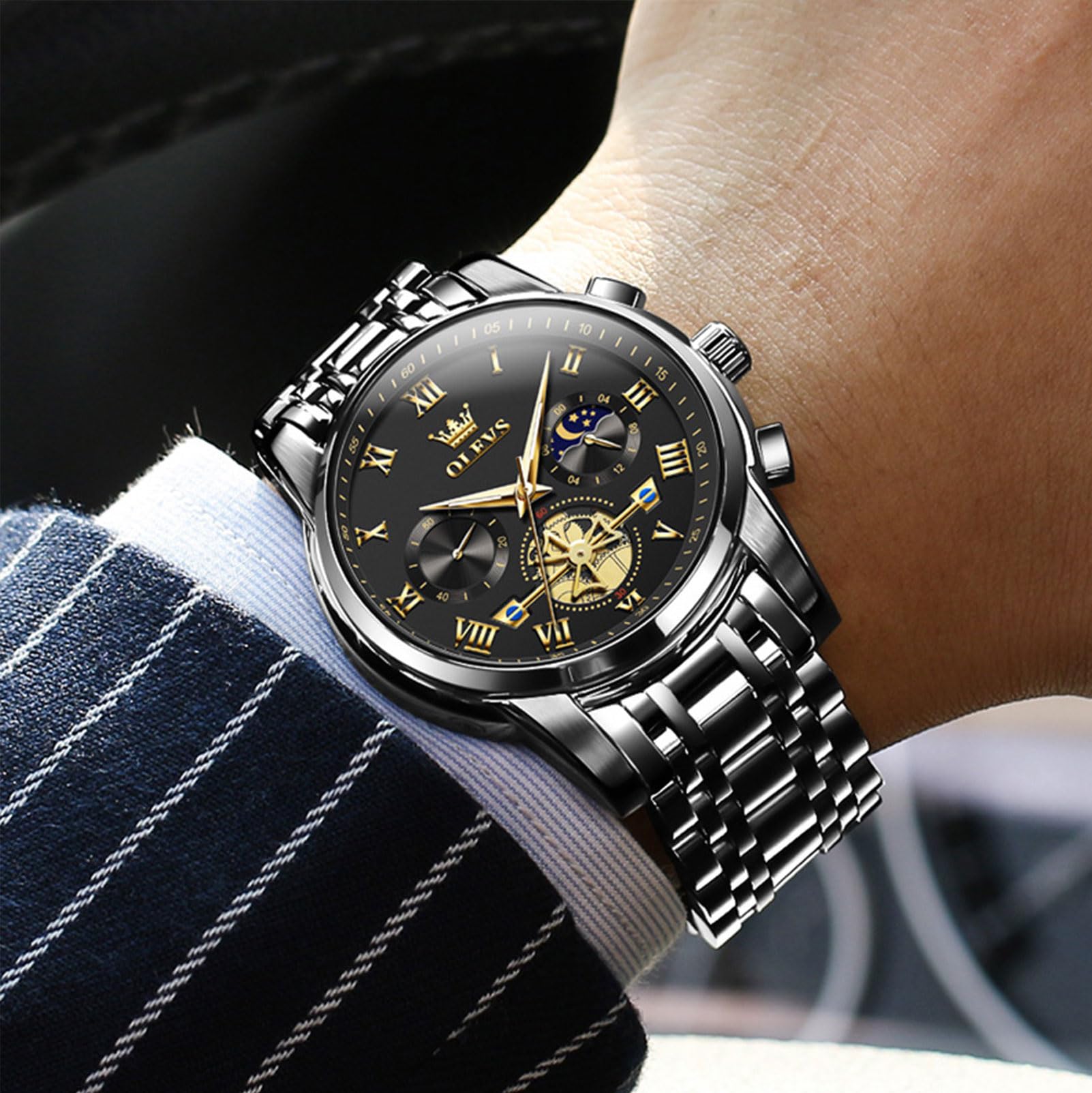 Foto 7 | Reloj Olevs Black Fashion Big Face Analógico De Cuarzo Para Hombre - Venta Internacional.