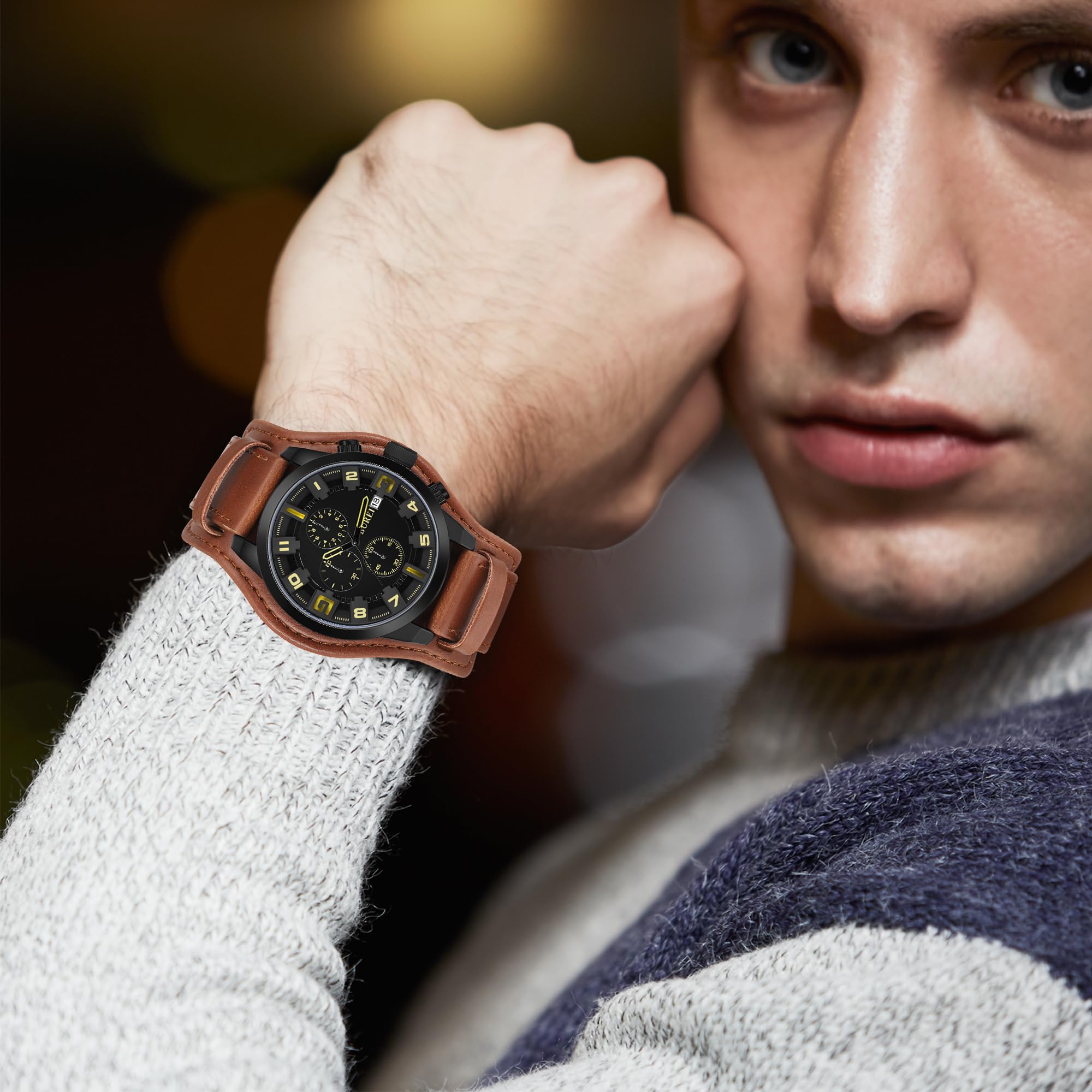Foto 8 pulgar | Reloj Burei Sports Chronograph Para Hombre Con Correa De Piel Marrón - Venta Internacional.