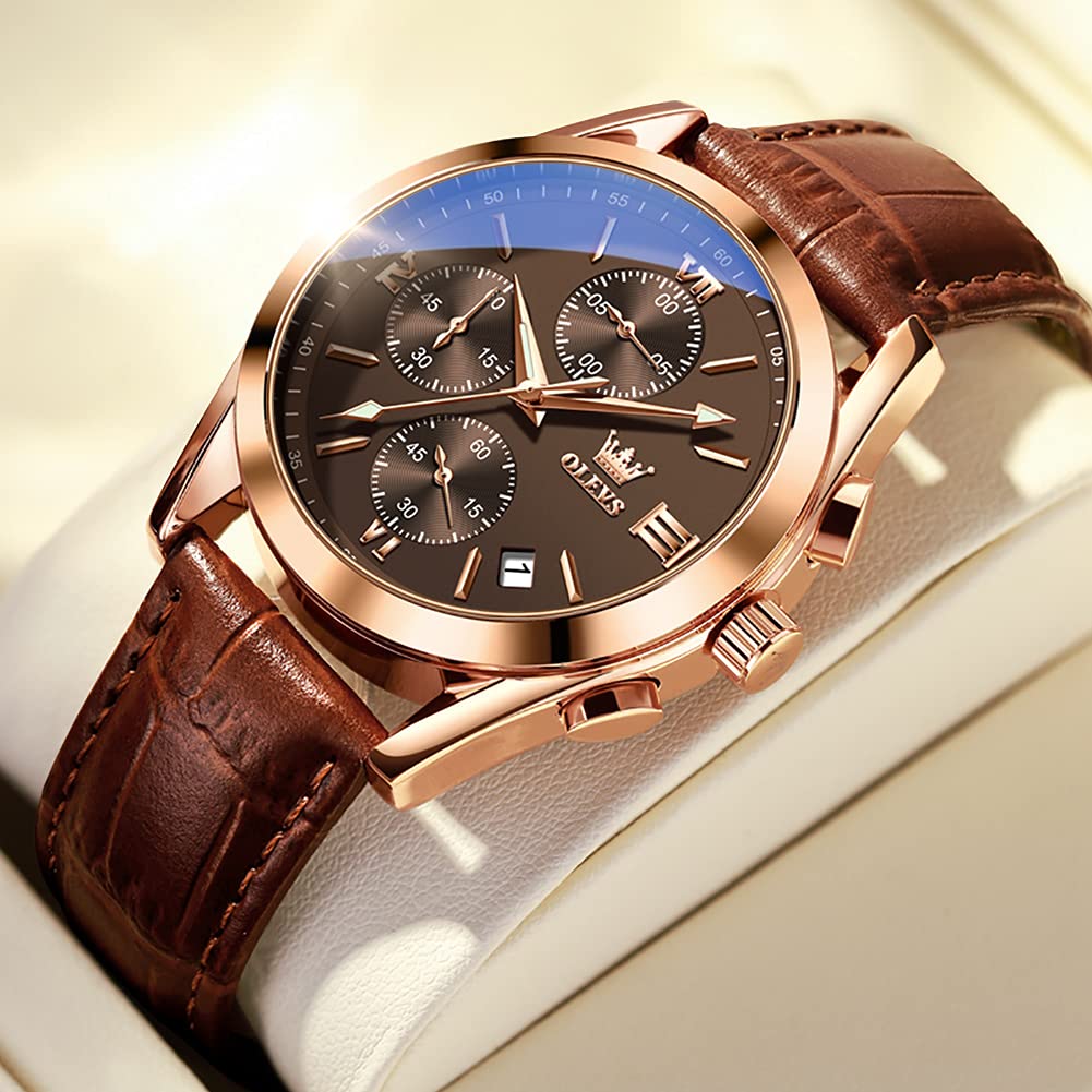 Foto 5 pulgar | Reloj Olevs De Cuero De Acero Inoxidable De Cuarzo Marrón Para Hombre - Venta Internacional.