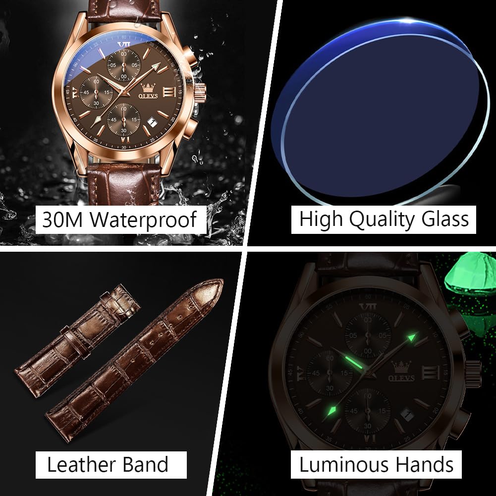 Foto 6 pulgar | Reloj Olevs De Cuero De Acero Inoxidable De Cuarzo Marrón Para Hombre - Venta Internacional.