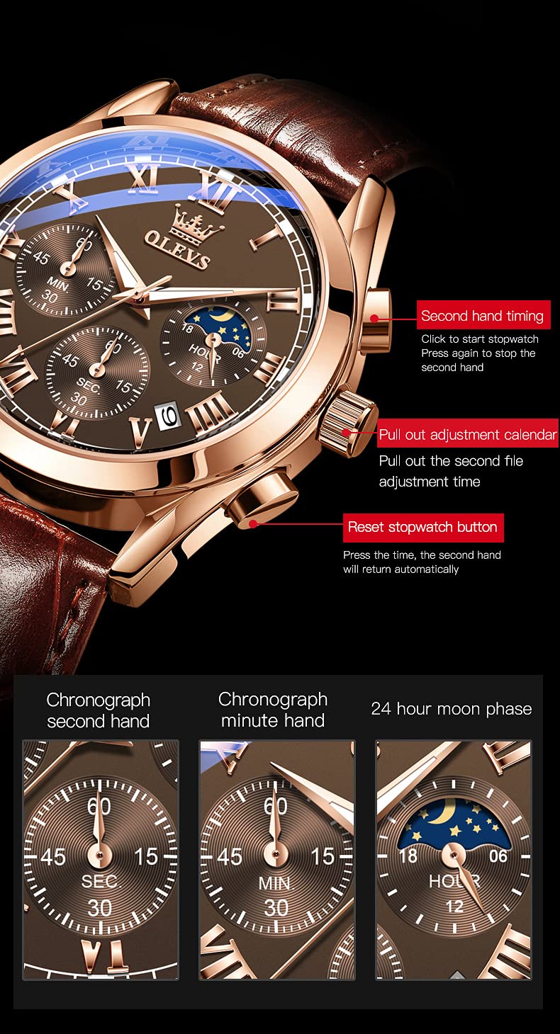 Foto 7 pulgar | Reloj Olevs Para Hombre, Cronógrafo De Cuero Negro, Resistente Al Agua - Venta Internacional.