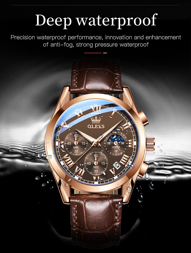 Foto 8 pulgar | Reloj Olevs Para Hombre, Cronógrafo De Cuero Negro, Resistente Al Agua - Venta Internacional.