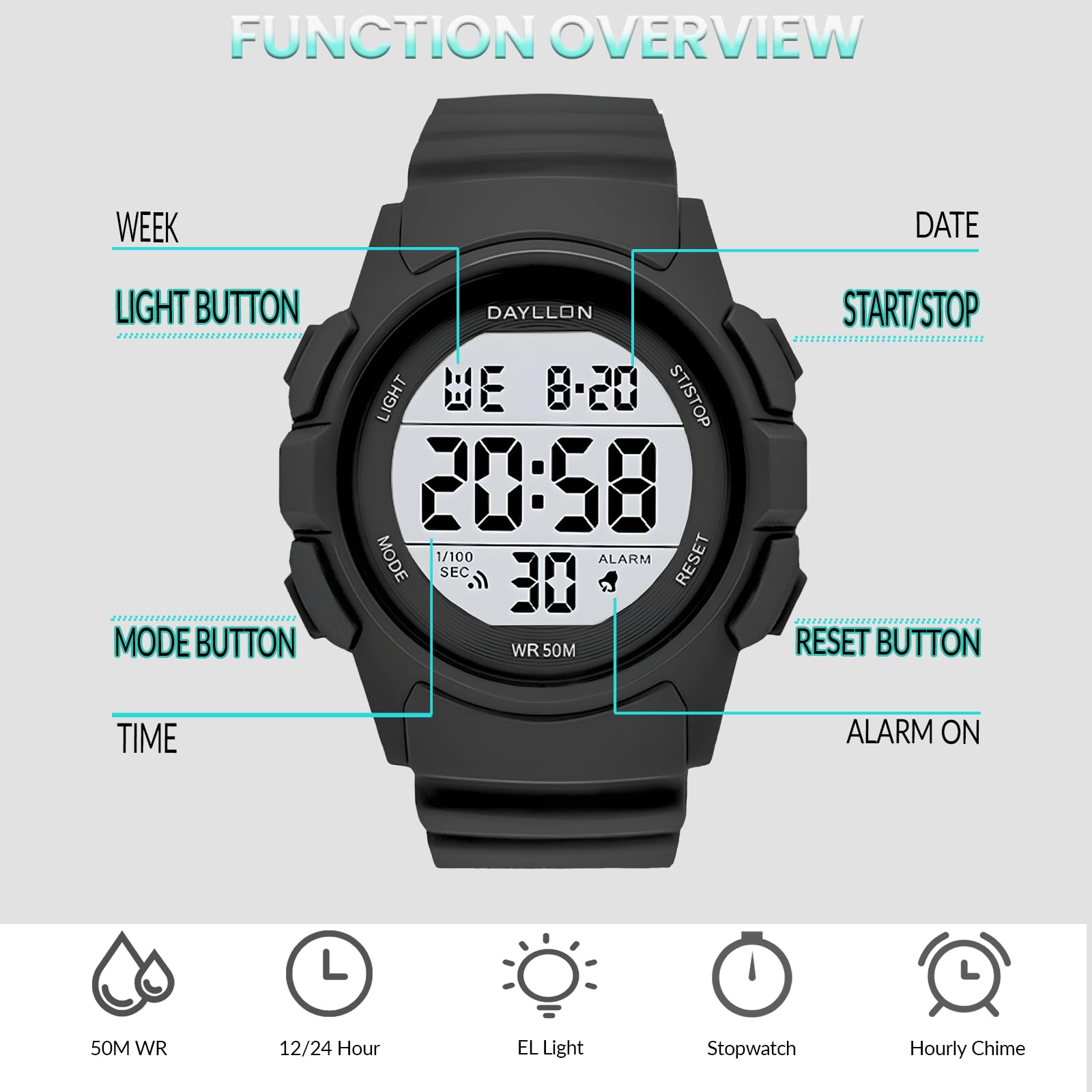 Foto 3 pulgar | Reloj Dayllon Digital Sports Impermeable Para Hombre Negro - Venta Internacional.