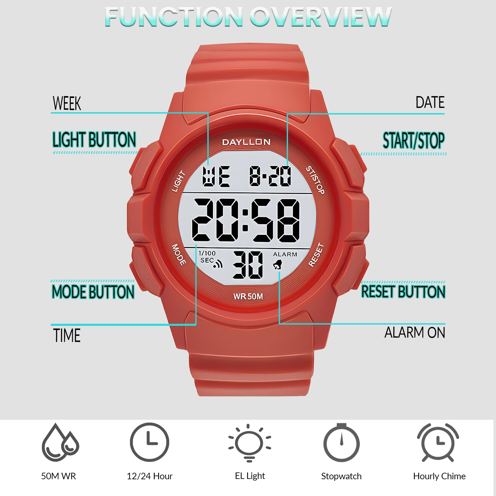 Foto 3 pulgar | Reloj Dayllon Digital Sports A Prueba De Agua Para Hombre, Color Rojo - Venta Internacional.