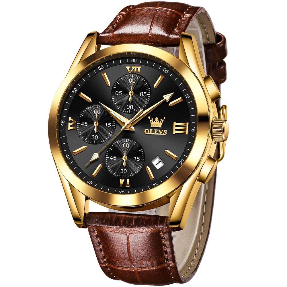 Foto 2 pulgar | Reloj Olevs Chronograph Con Carcasa Dorada Y Correa De Cuero Marrón Para Hombre - Venta Internacional.