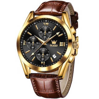 Foto 1 | Reloj Olevs Chronograph Con Carcasa Dorada Y Correa De Cuero Marrón Para Hombre - Venta Internacional.