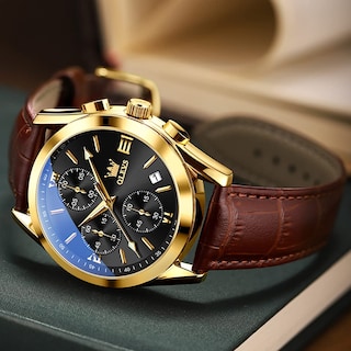 Foto 2 | Reloj Olevs Chronograph Con Carcasa Dorada Y Correa De Cuero Marrón Para Hombre - Venta Internacional.