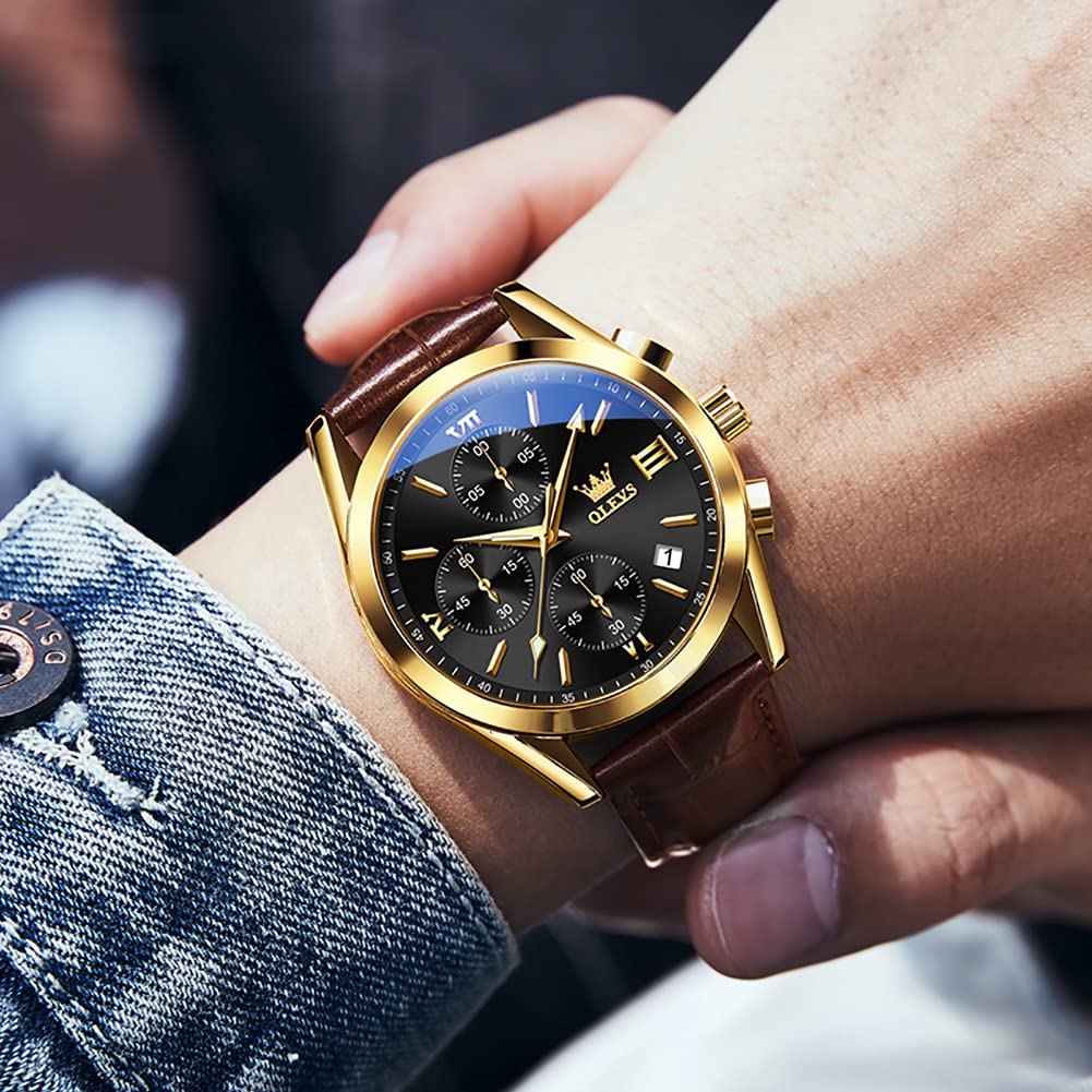 Foto 4 pulgar | Reloj Olevs Chronograph Con Carcasa Dorada Y Correa De Cuero Marrón Para Hombre - Venta Internacional.