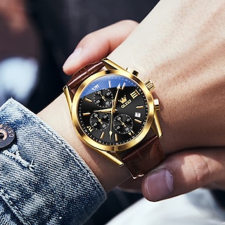 Foto 3 | Reloj Olevs Chronograph Con Carcasa Dorada Y Correa De Cuero Marrón Para Hombre - Venta Internacional.