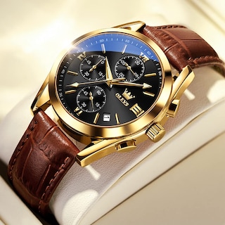 Foto 5 | Reloj Olevs Chronograph Con Carcasa Dorada Y Correa De Cuero Marrón Para Hombre - Venta Internacional.