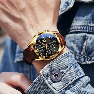 Foto 7 | Reloj Olevs Chronograph Con Carcasa Dorada Y Correa De Cuero Marrón Para Hombre - Venta Internacional.