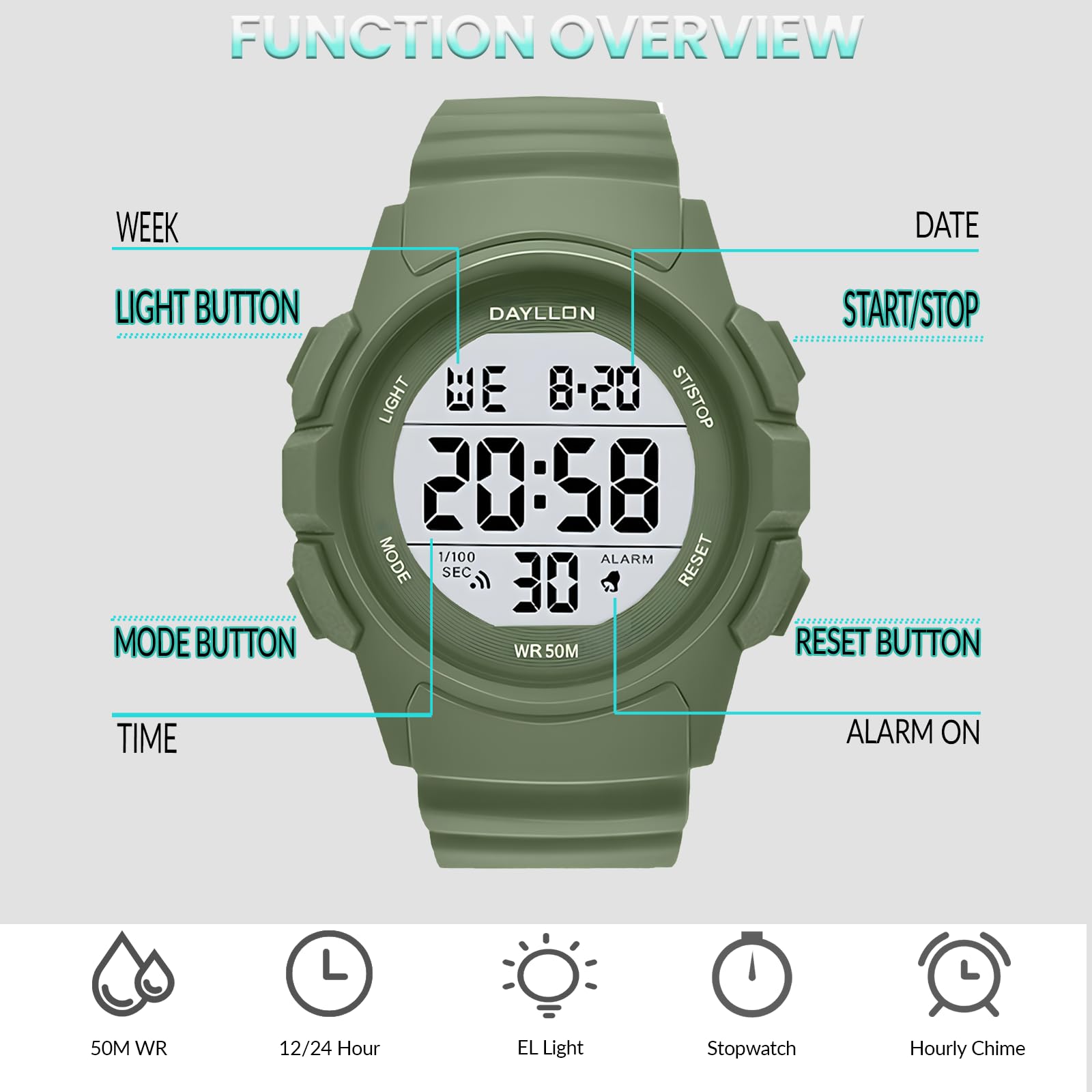 Foto 3 pulgar | Reloj Dayllon Digital Sports Impermeable Para Hombre, Color Verde - Venta Internacional.