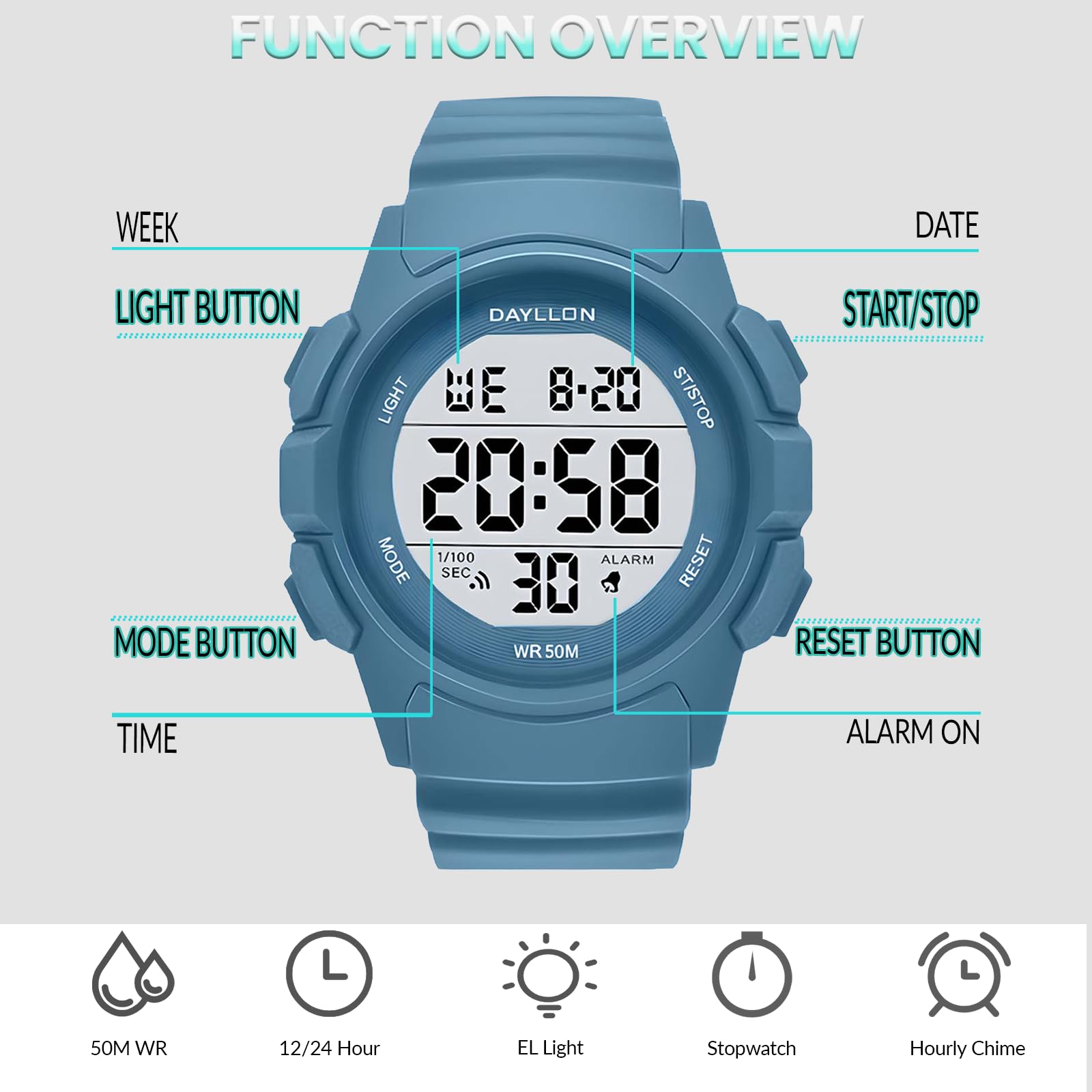 Foto 3 pulgar | Reloj Dayllon Digital Sports A Prueba De Agua Para Hombre, Color Azul - Venta Internacional.