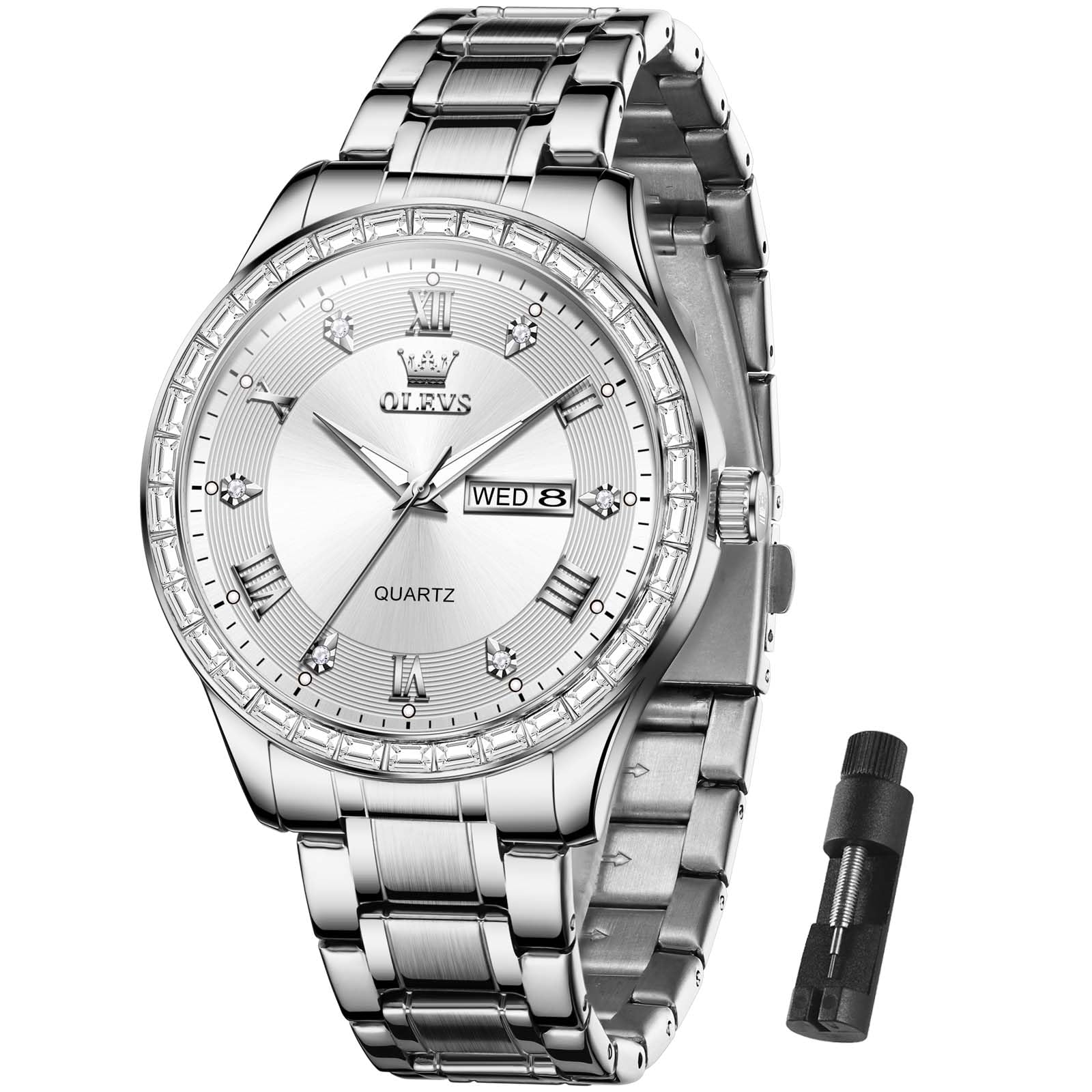 Foto 2 pulgar | Reloj Olevs Para Hombre De Acero Inoxidable Plateado Con Diamante Y Cuarzo - Venta Internacional.
