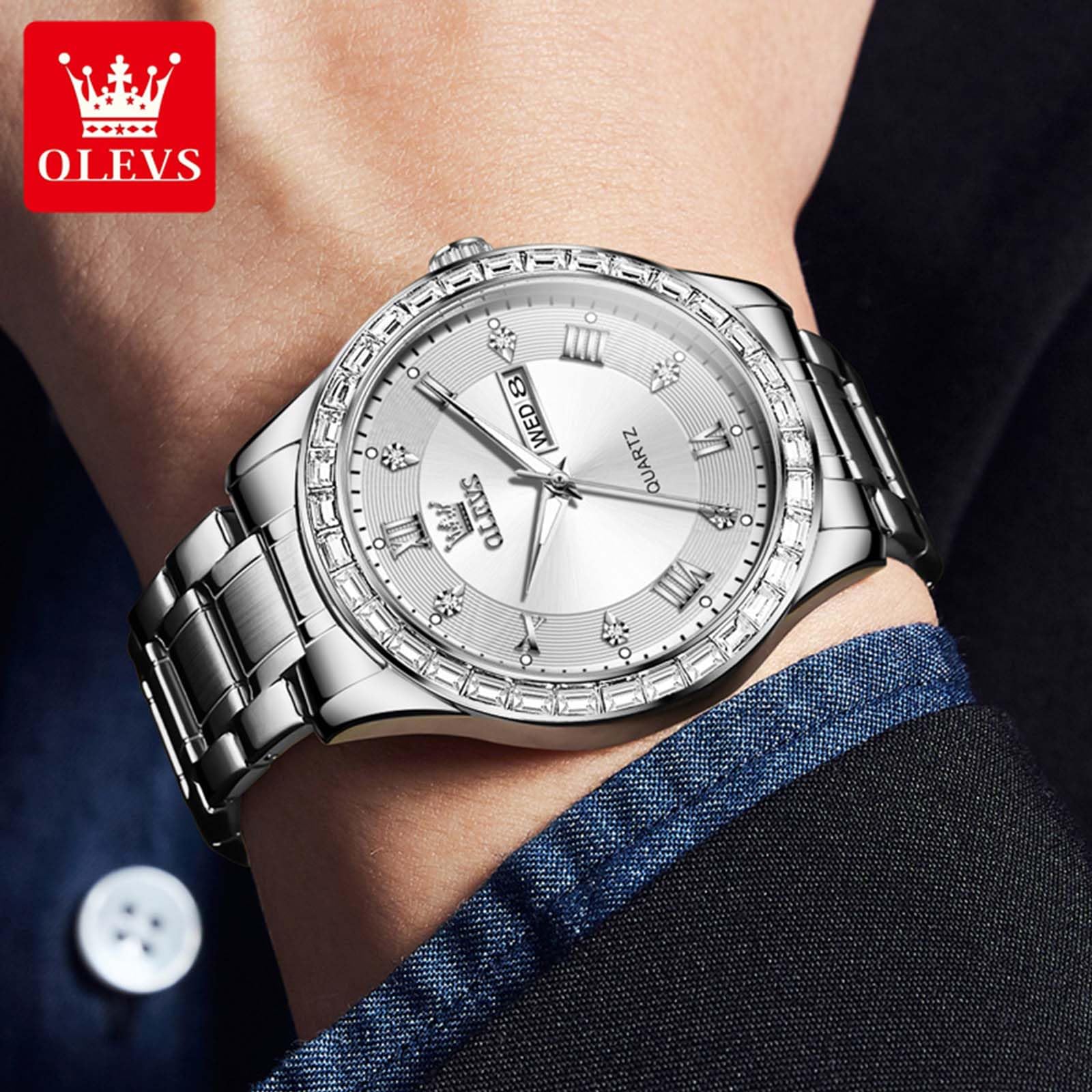 Foto 8 pulgar | Reloj Olevs Para Hombre De Acero Inoxidable Plateado Con Diamante Y Cuarzo - Venta Internacional.