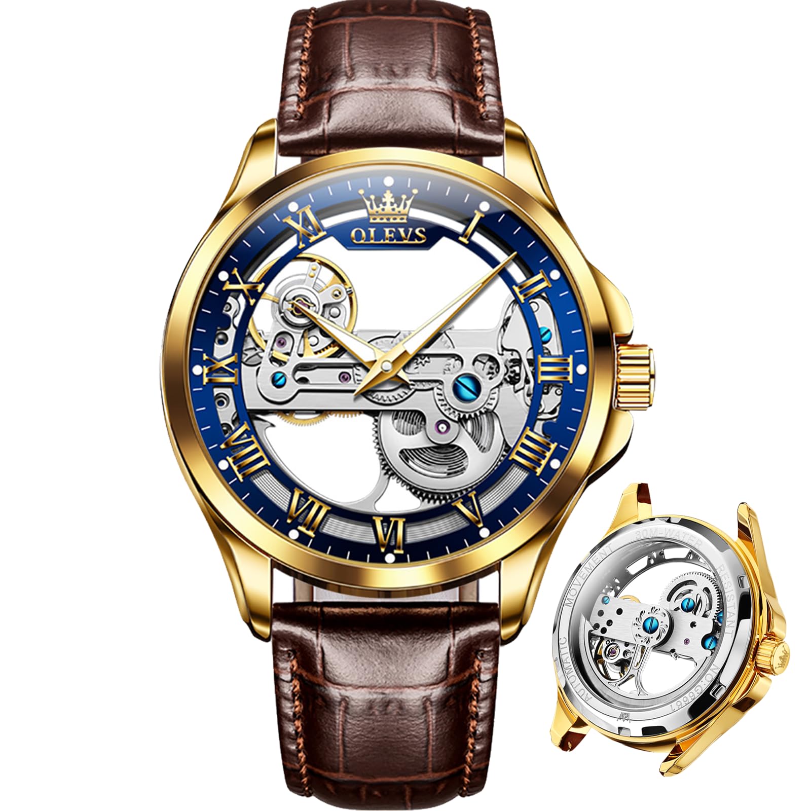 Foto 2 pulgar | Reloj Olevs Gold Blue Skeleton Tourbillon Impermeable Para Hombre - Venta Internacional.