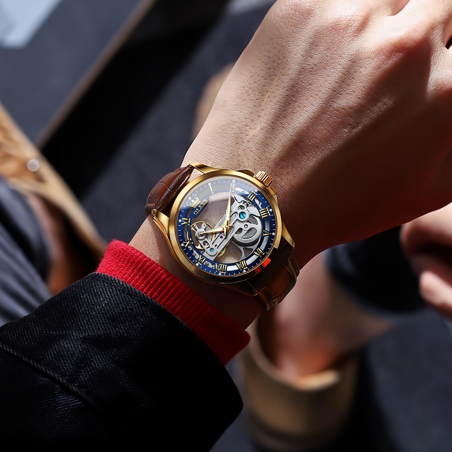 Foto 4 | Reloj Olevs Gold Blue Skeleton Tourbillon Impermeable Para Hombre - Venta Internacional.