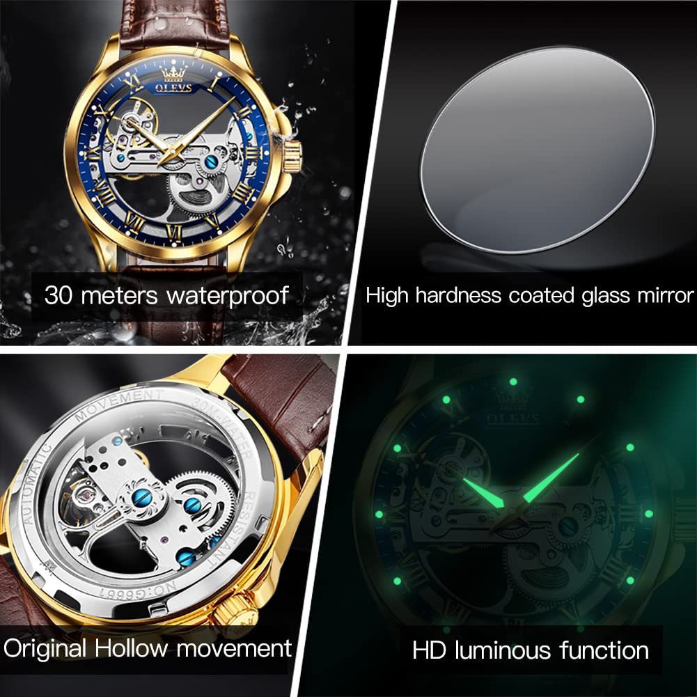 Foto 6 | Reloj Olevs Gold Blue Skeleton Tourbillon Impermeable Para Hombre - Venta Internacional.