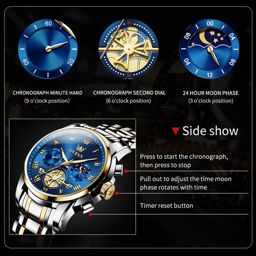 Foto 4 | Reloj Olevs Chronograph Moon Phase De Acero Inoxidable Para Hombre - Venta Internacional.