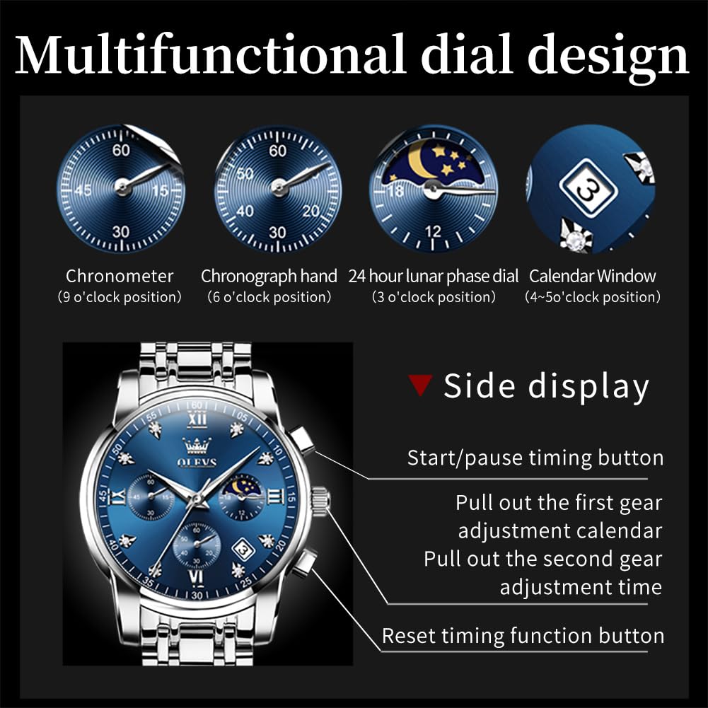 Foto 5 | Reloj Olevs Chronograph Diamond Quartz Moon Phase Para Hombre - Venta Internacional.