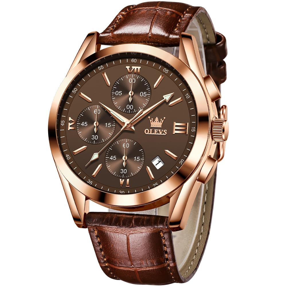 Reloj Olevs De Cuero Para Hombre, Cronógrafo, Esfera Marrón Y Oro Rosa - Venta Internacional.