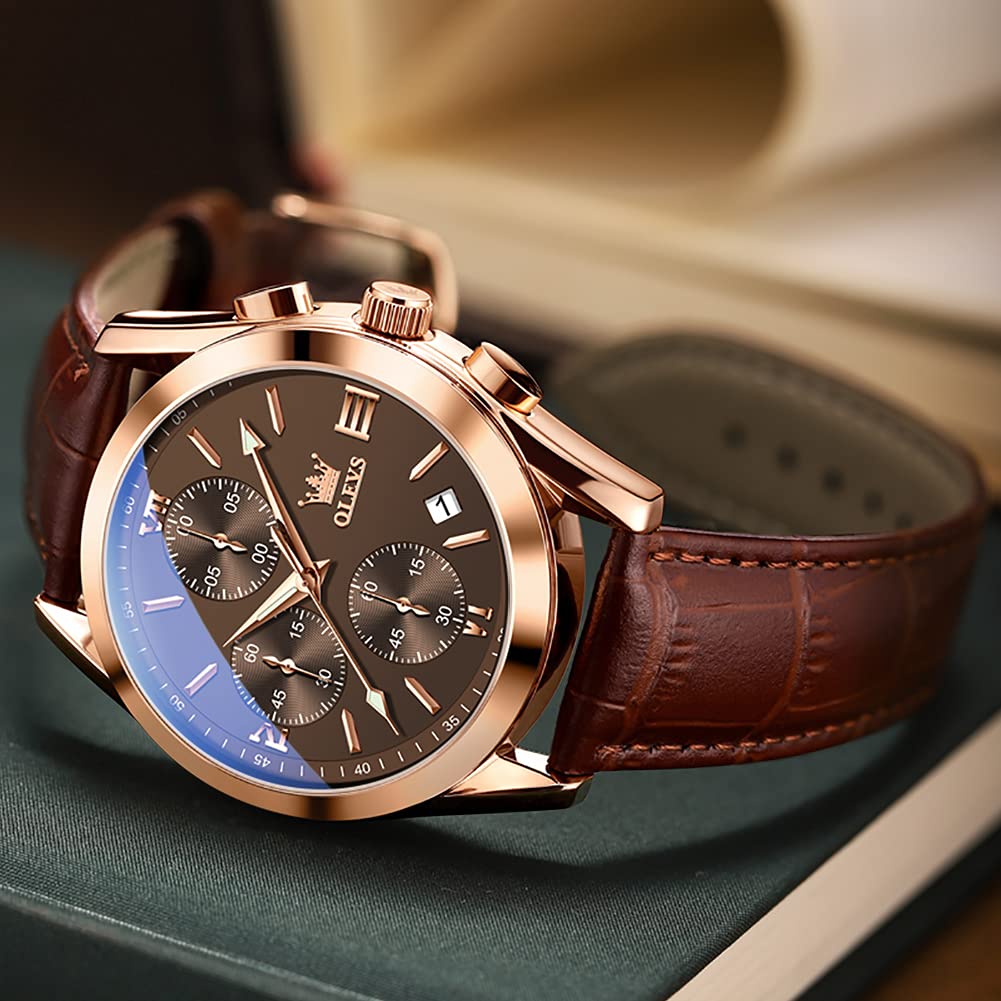 Foto 3 pulgar | Reloj Olevs De Cuero Para Hombre, Cronógrafo, Esfera Marrón Y Oro Rosa - Venta Internacional.