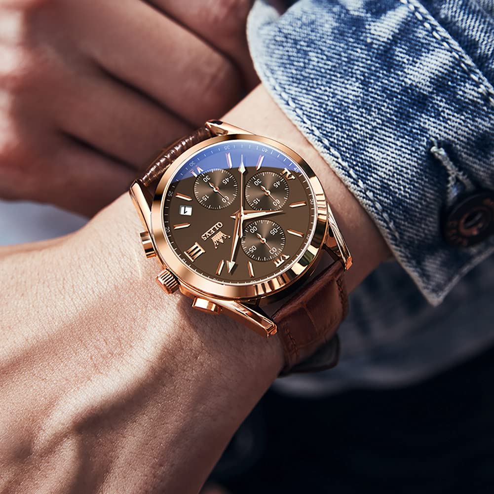 Foto 4 pulgar | Reloj Olevs De Cuero Para Hombre, Cronógrafo, Esfera Marrón Y Oro Rosa - Venta Internacional.