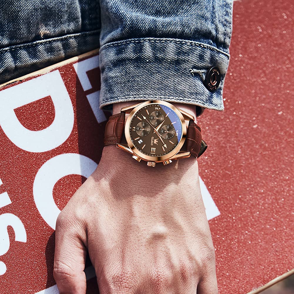 Foto 5 pulgar | Reloj Olevs De Cuero Para Hombre, Cronógrafo, Esfera Marrón Y Oro Rosa - Venta Internacional.