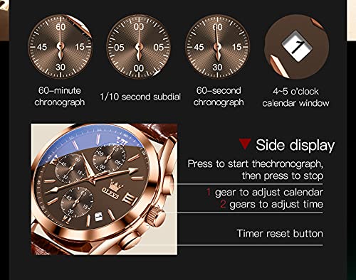 Foto 5 | Reloj Olevs De Cuero Para Hombre, Cronógrafo, Esfera Marrón Y Oro Rosa - Venta Internacional.