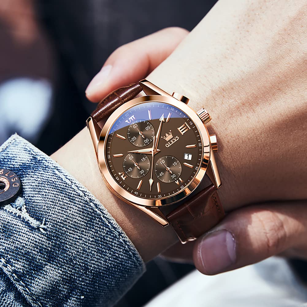 Foto 7 | Reloj Olevs De Cuero Para Hombre, Cronógrafo, Esfera Marrón Y Oro Rosa - Venta Internacional.