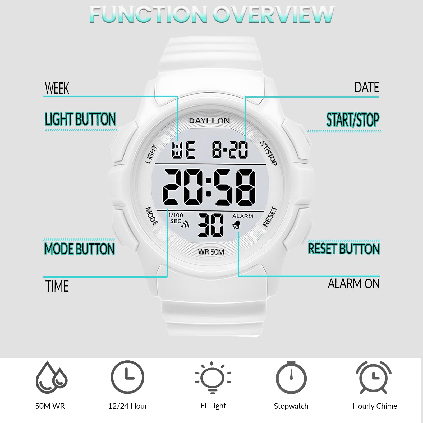 Foto 3 pulgar | Reloj Dayllon Digital Sports Impermeable Para Hombre, Color Blanco - Venta Internacional.