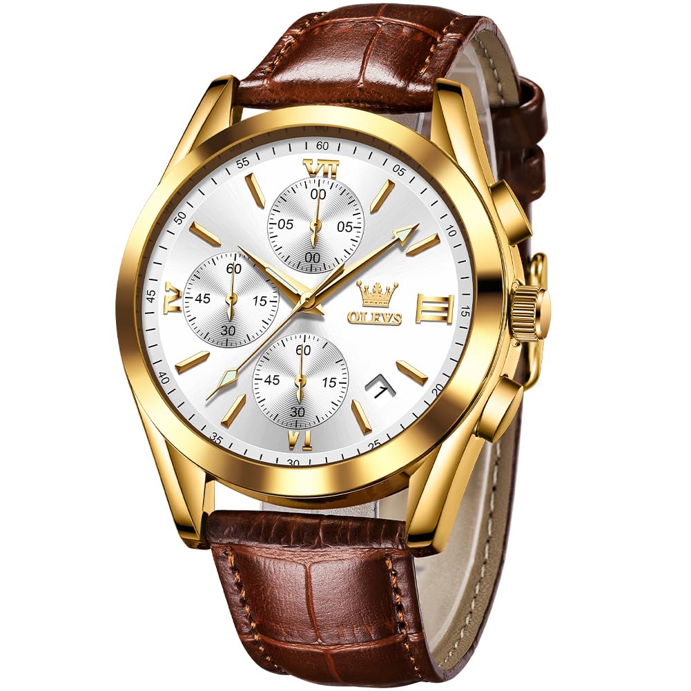 Reloj Olevs Con Cronógrafo De Cuero Marrón Con Funda Dorada Para Hombre - Venta Internacional.