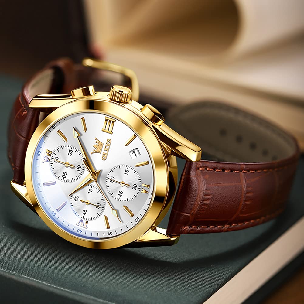 Foto 3 pulgar | Reloj Olevs Con Cronógrafo De Cuero Marrón Con Funda Dorada Para Hombre - Venta Internacional.