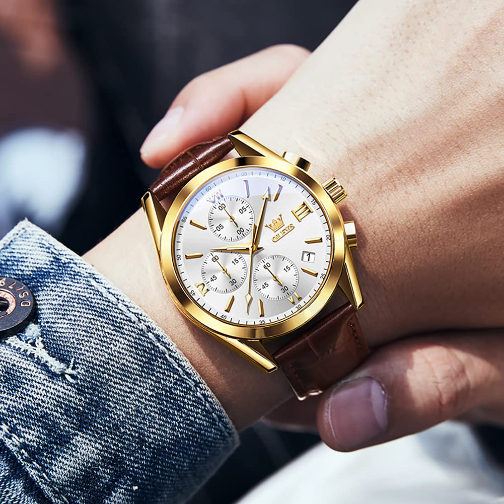 Foto 4 pulgar | Reloj Olevs Con Cronógrafo De Cuero Marrón Con Funda Dorada Para Hombre - Venta Internacional.