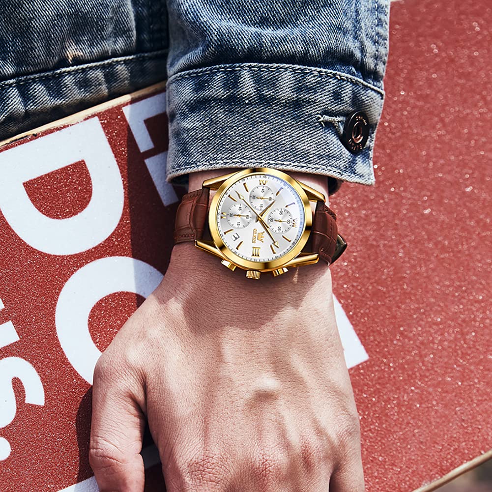 Foto 5 pulgar | Reloj Olevs Con Cronógrafo De Cuero Marrón Con Funda Dorada Para Hombre - Venta Internacional.