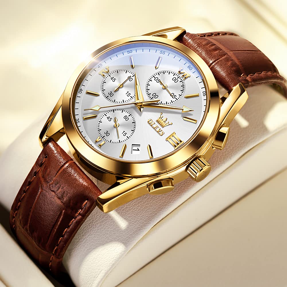 Foto 6 pulgar | Reloj Olevs Con Cronógrafo De Cuero Marrón Con Funda Dorada Para Hombre - Venta Internacional.