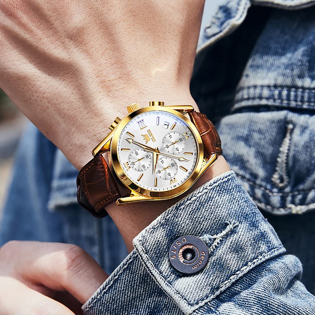 Foto 8 pulgar | Reloj Olevs Con Cronógrafo De Cuero Marrón Con Funda Dorada Para Hombre - Venta Internacional.