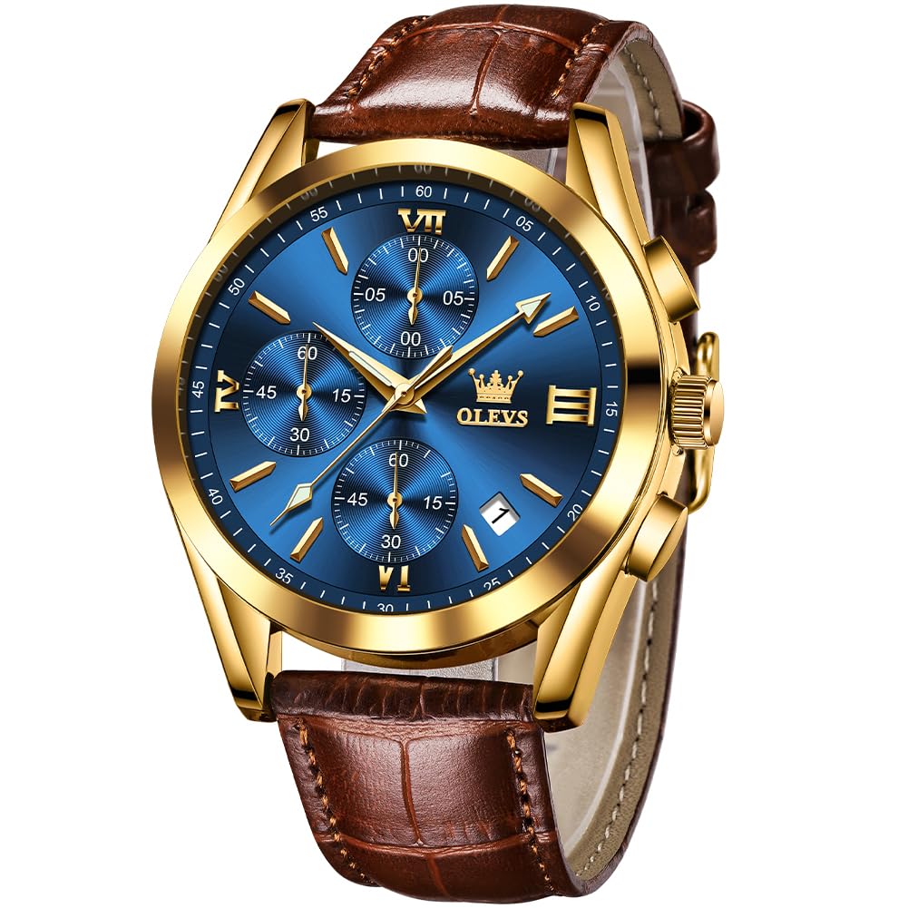 Reloj Olevs Para Hombre Con Esfera Grande, Correa De Piel Marrón, Azul - Venta Internacional.