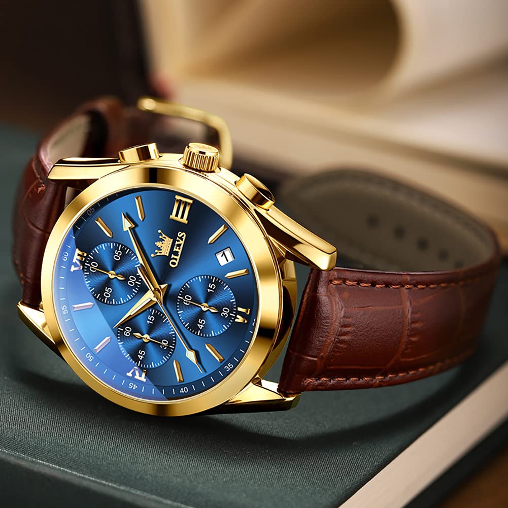 Foto 3 pulgar | Reloj Olevs Para Hombre Con Esfera Grande, Correa De Piel Marrón, Azul - Venta Internacional.