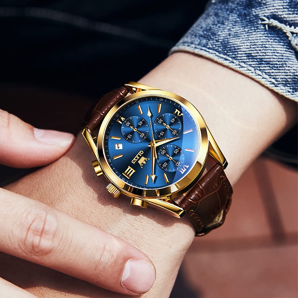 Foto 4 pulgar | Reloj Olevs Para Hombre Con Esfera Grande, Correa De Piel Marrón, Azul - Venta Internacional.