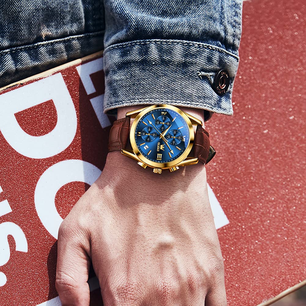 Foto 5 pulgar | Reloj Olevs Para Hombre Con Esfera Grande, Correa De Piel Marrón, Azul - Venta Internacional.