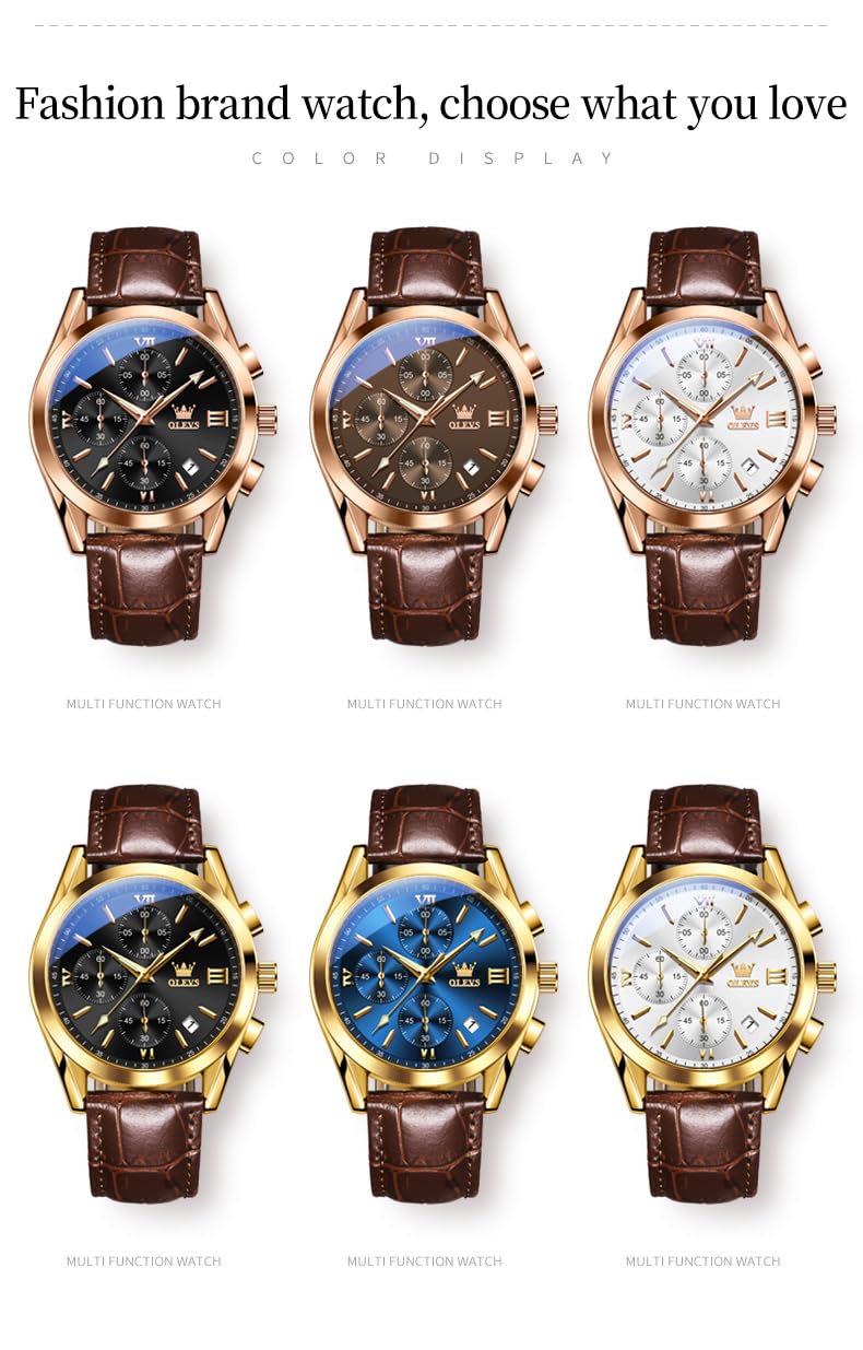 Foto 7 pulgar | Reloj Olevs Para Hombre Con Esfera Grande, Correa De Piel Marrón, Azul - Venta Internacional.
