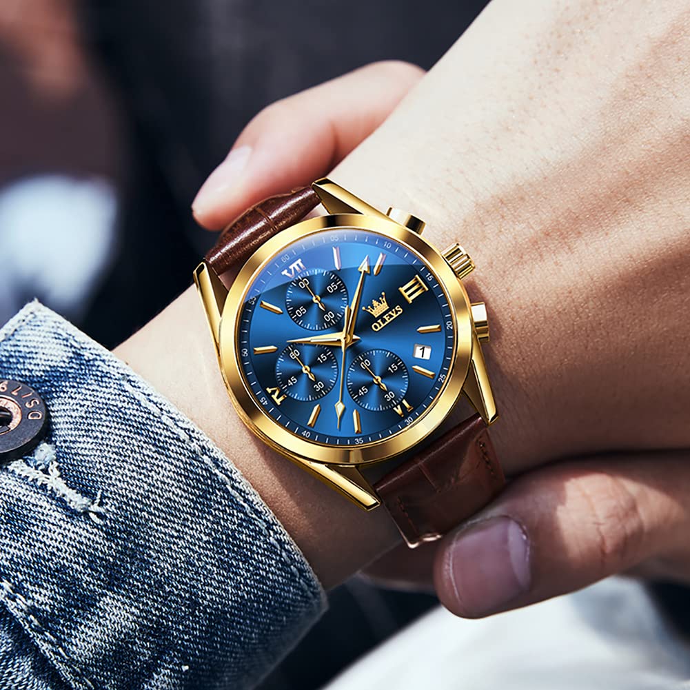 Foto 8 pulgar | Reloj Olevs Para Hombre Con Esfera Grande, Correa De Piel Marrón, Azul - Venta Internacional.