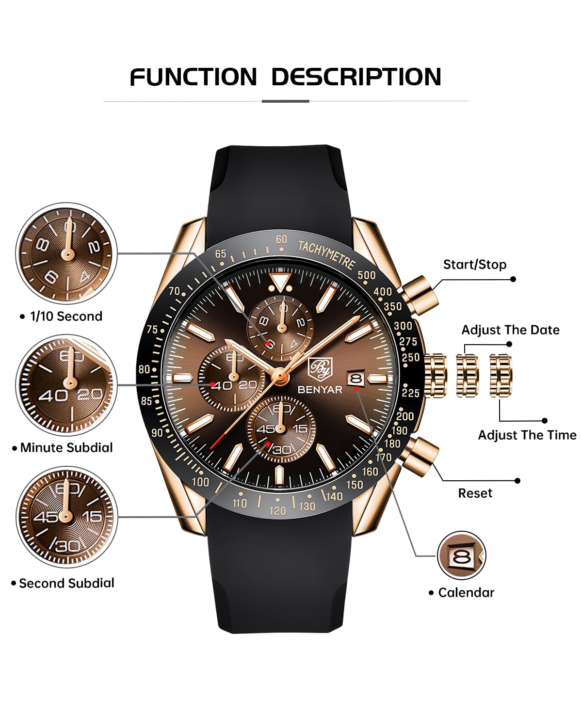 Foto 4 pulgar | Reloj By Benyar, Cronógrafo Analógico De Cuarzo, 30 M, Resistente Al Agua Para Hombre - Venta Internacional.