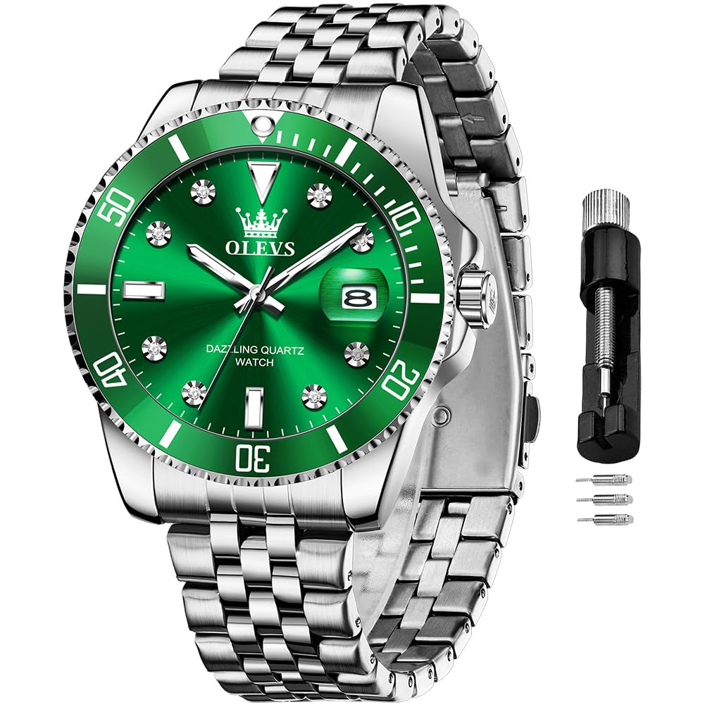 Reloj Olevs Green Silver De Acero Inoxidable De Lujo Para Hombre - Venta Internacional.