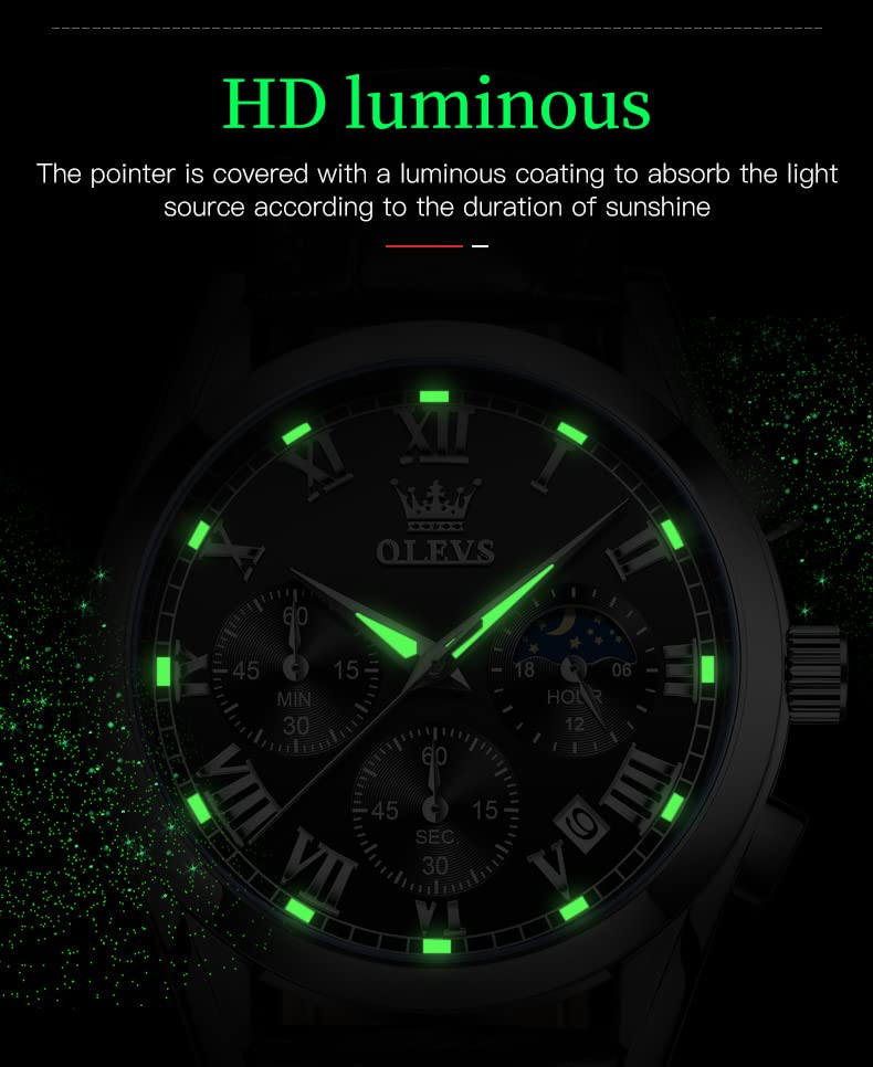 Foto 6 pulgar | Reloj Olevs Para Hombre, Analógico, De Cuarzo, Fase Lunar, De Piel, Resistente Al Agua - Venta Internacional.