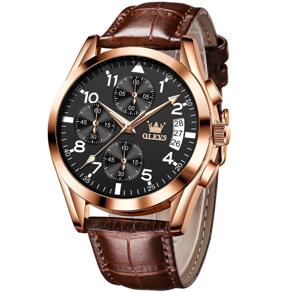 Reloj Olevs De Cuero Marrón Para Hombre Con Cronógrafo Impermeable - Venta Internacional.