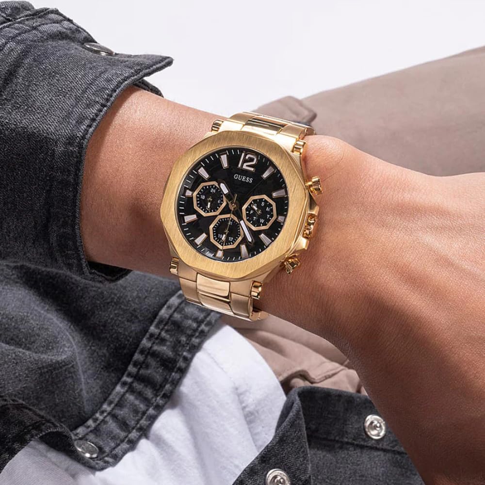 Foto 8 pulgar | Reloj Guess Correa Dorada de 46 mm y Esfera Negra para Hombre - Venta Internacional