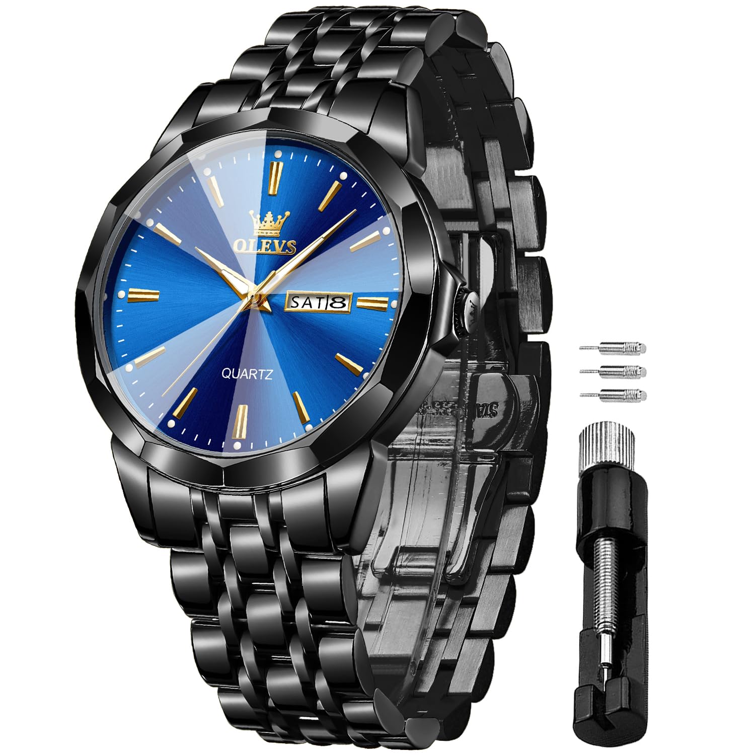 Reloj Olevs Blue Black Waterproof Diamond Para Hombre Con Fecha - Venta Internacional.