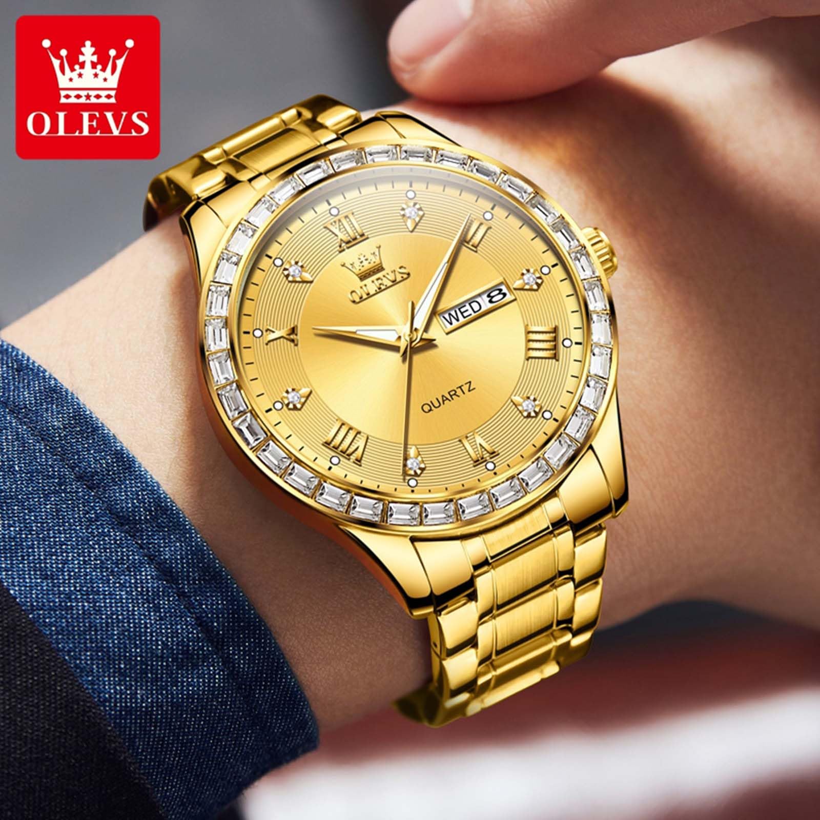 Foto 3 pulgar | Reloj Olevs Gold de Acero Inoxidable Impermeable para Hombre - Venta Internacional